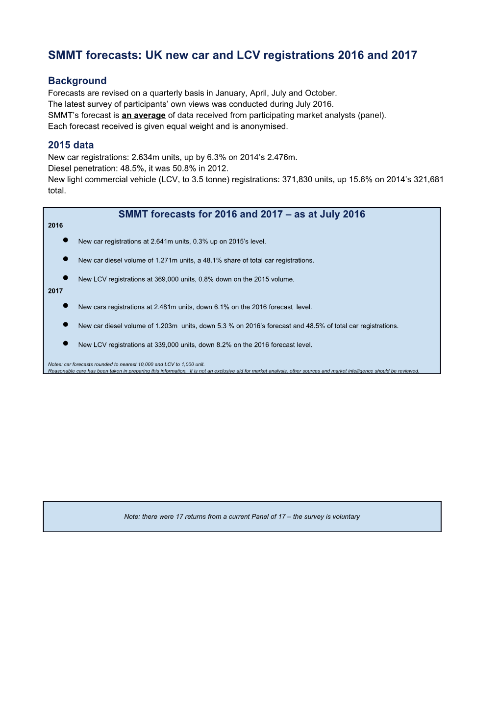 SMMT Forecasts: UK New Car and LCV Registrations 2016 and 2017