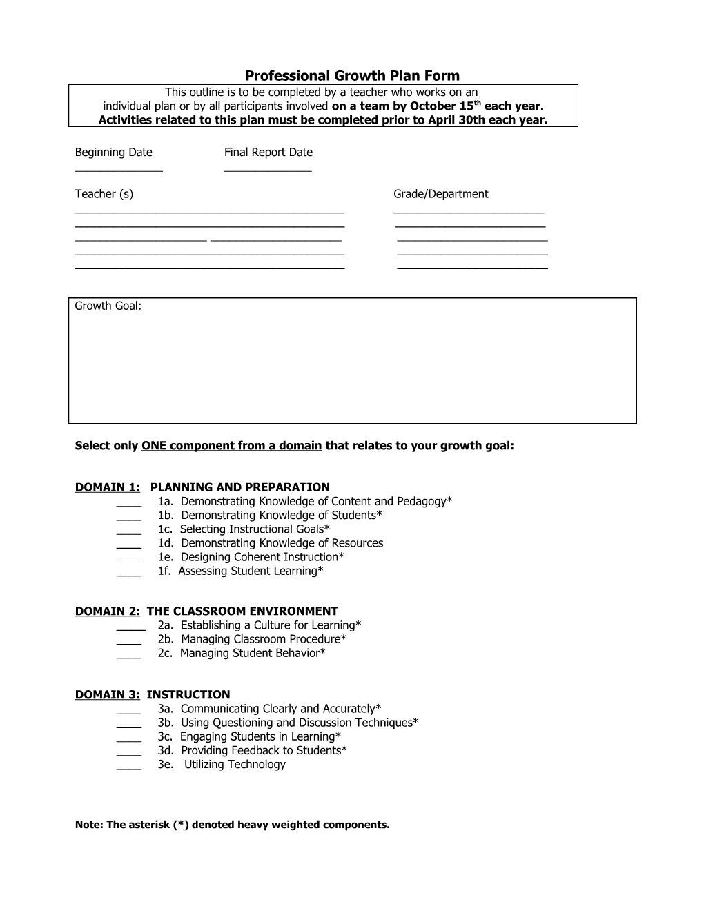 Professional Growth Plan Form