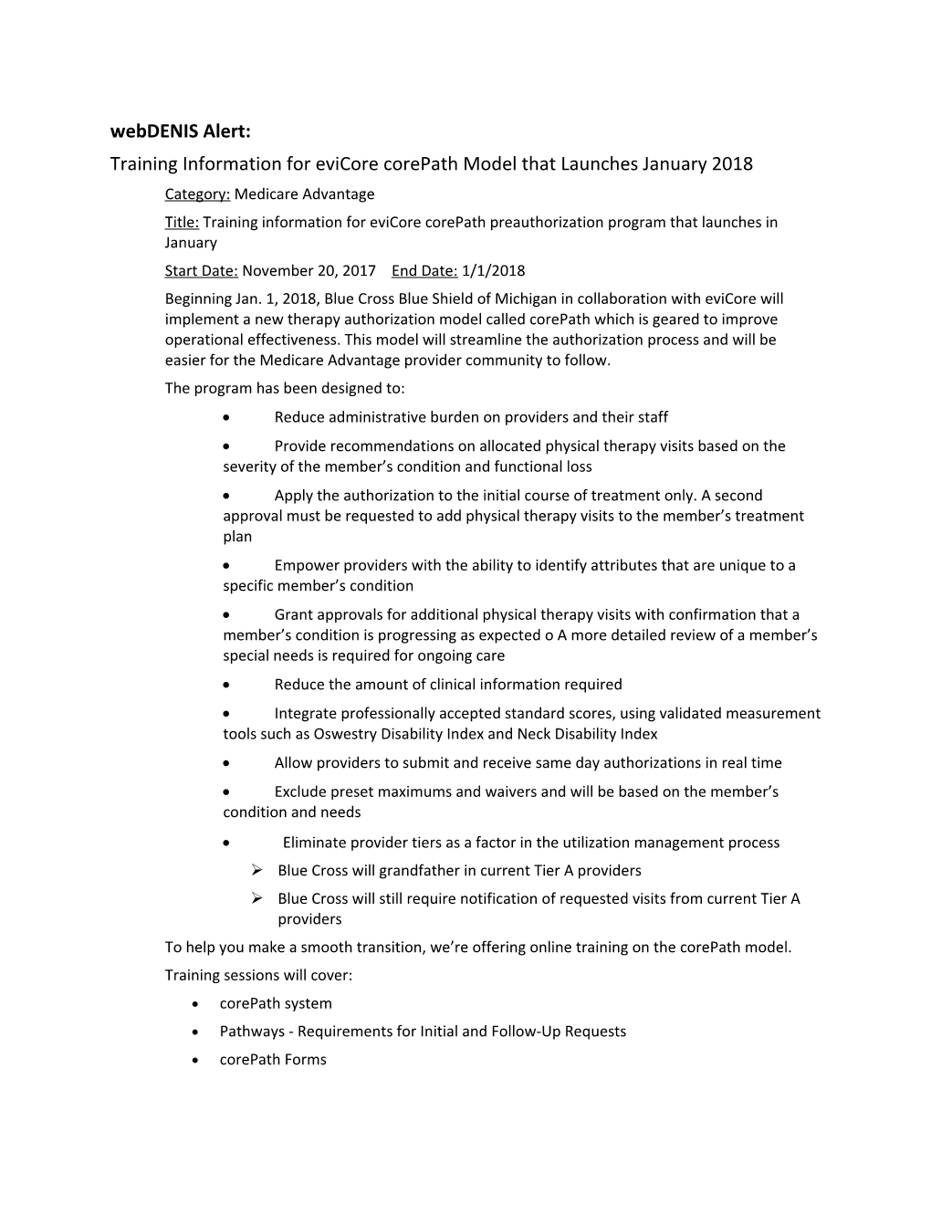 Training Information for Evicore Corepath Model That Launches January 2018