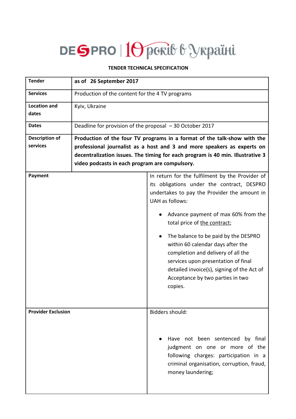 Tender Technical Specification