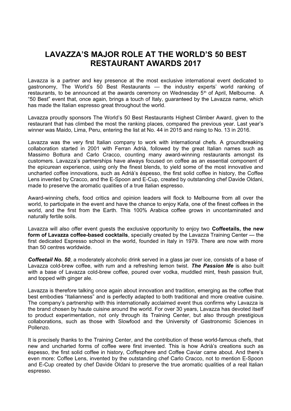 Lavazza S Major Role at the World S 50 Best Restaurant Awards 2017