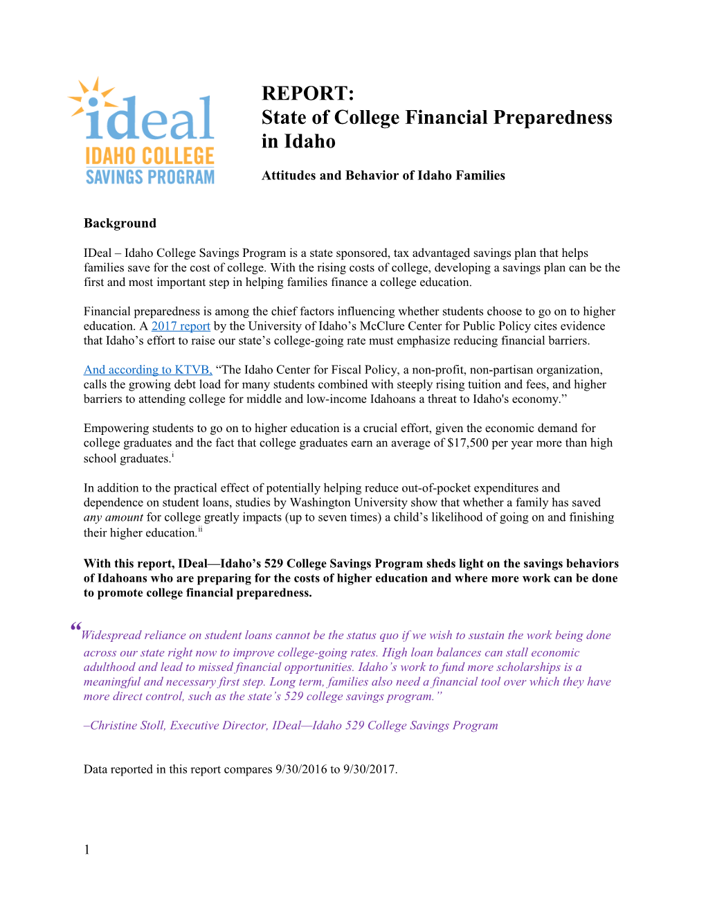 State of College Financial Preparedness in Idaho