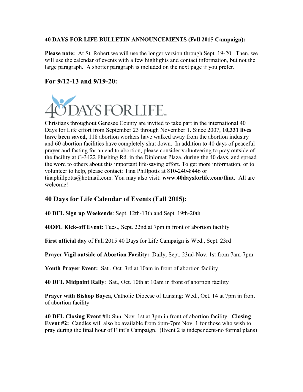 40 DAYS for LIFE BULLETIN ANNOUNCEMENTS (Fall 2015 Campaign)