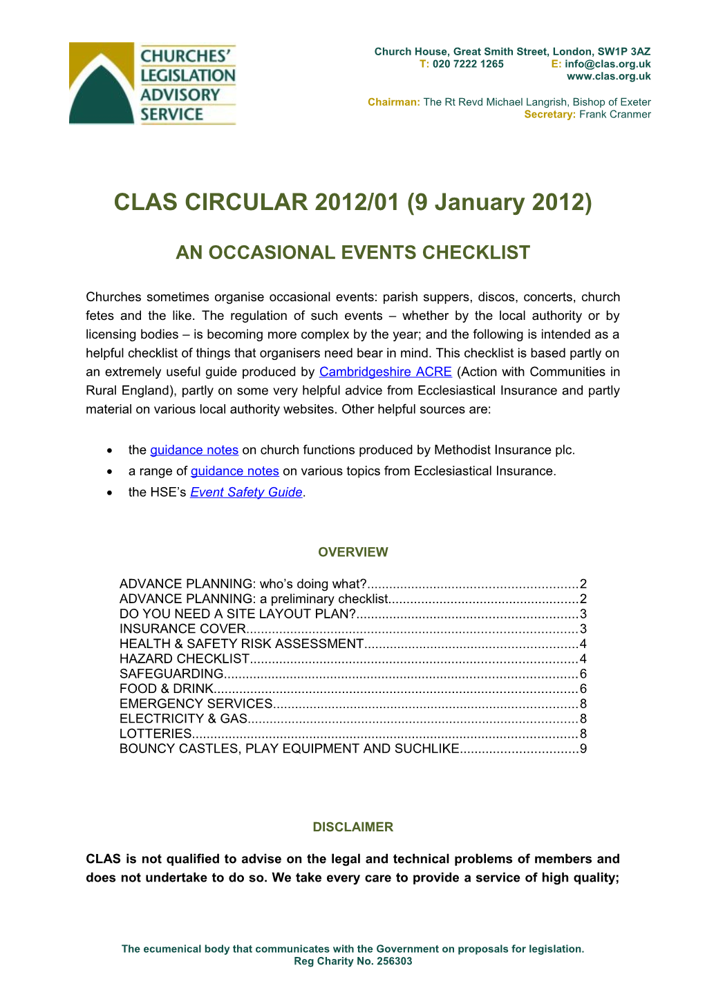 Churches Legislation Advisory Service2012/01: Occasional Events Checklist
