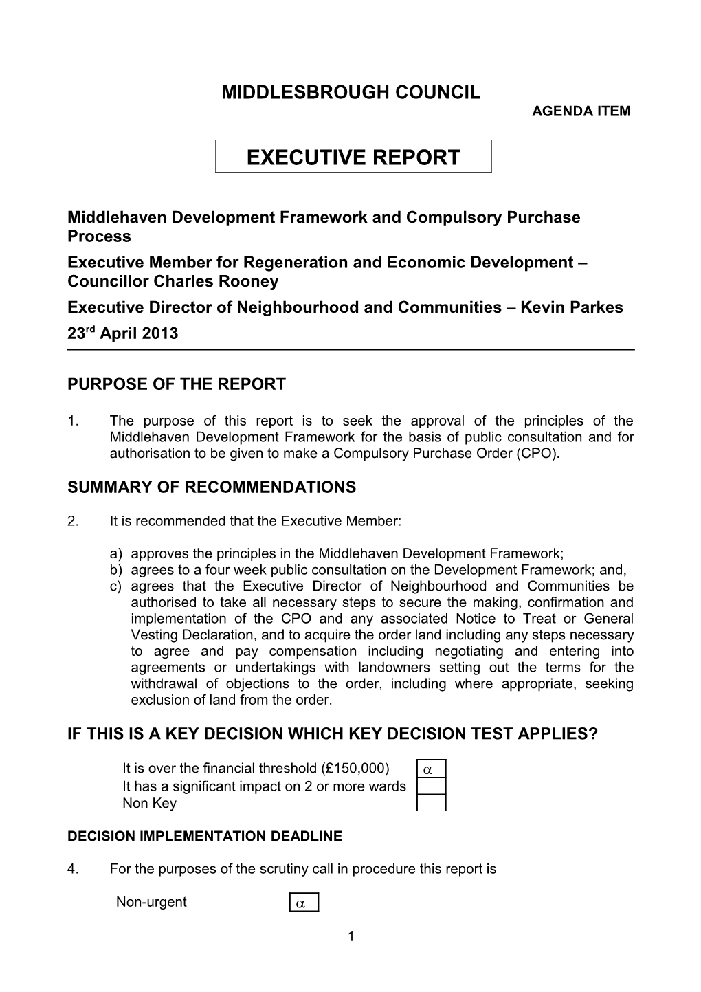 Middlehaven Development Framework and Compulsory Purchase Process