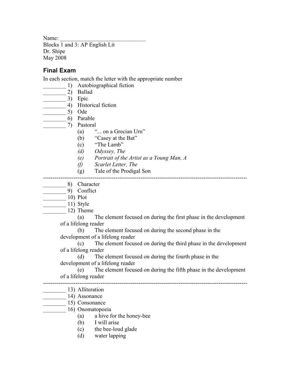 Blocks 1 and 3: AP English Lit