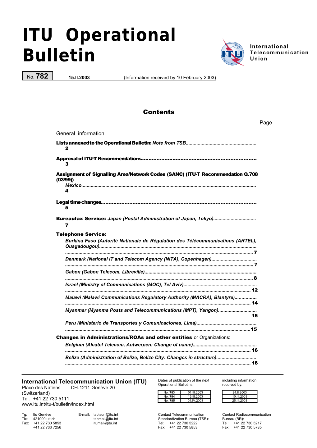 ITU Operational Bulletin No. 782 - 15.II.2003