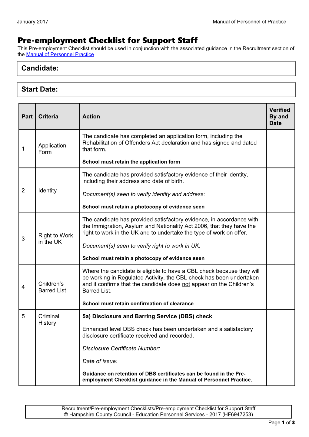 Pre-Employment Checklist for Support Staff