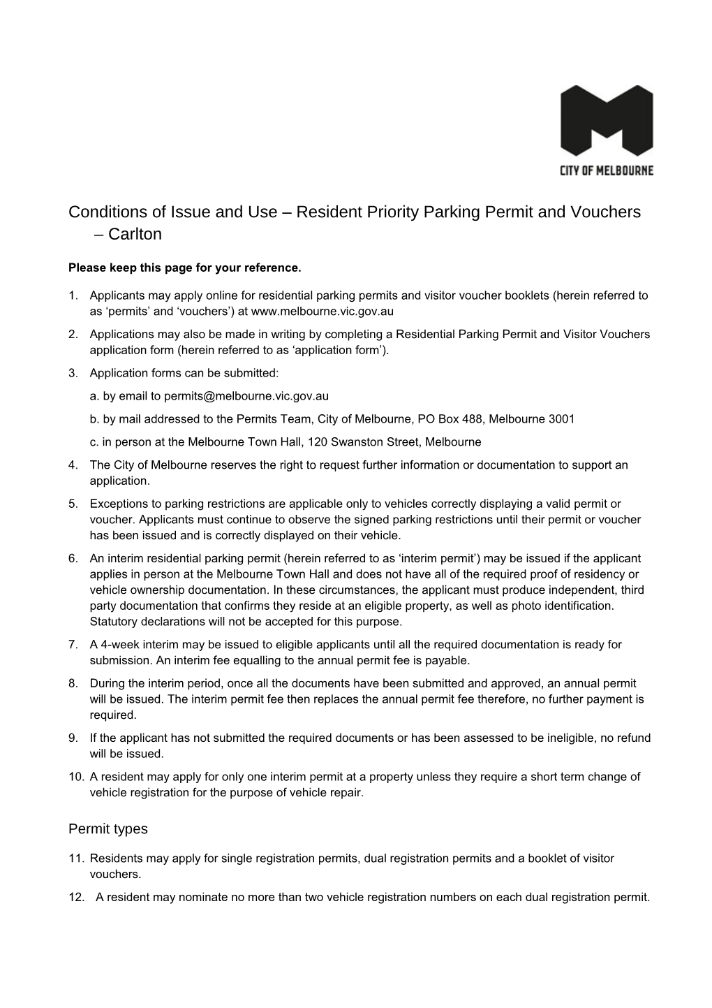 Conditions of Issue and Use Resident Priority Parking Permit and Vouchers Carlton