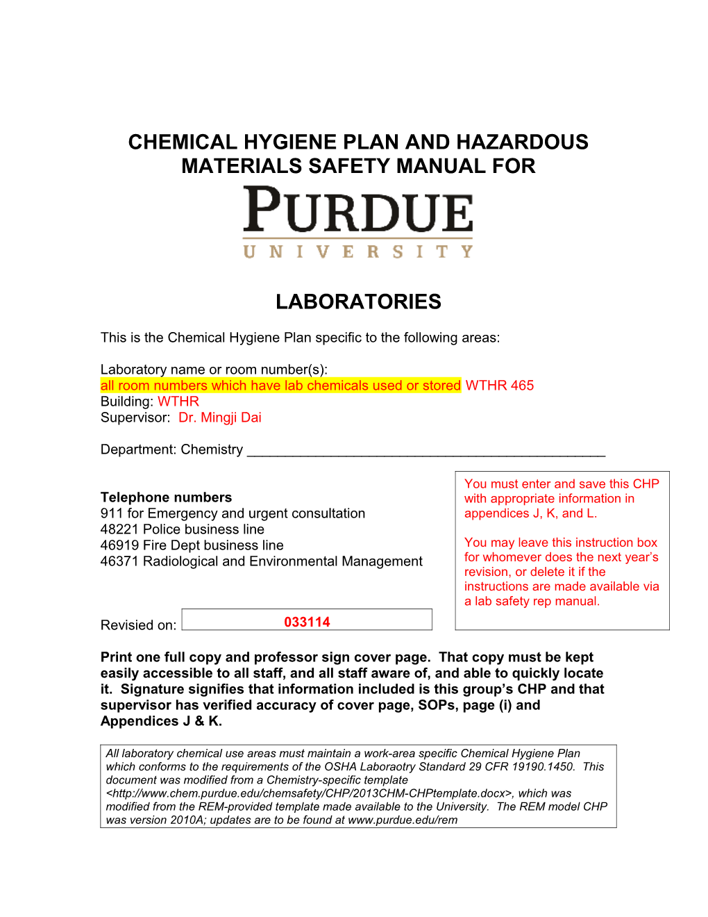 This Is the Chemical Hygiene Plan Specific to the Following Areas s1