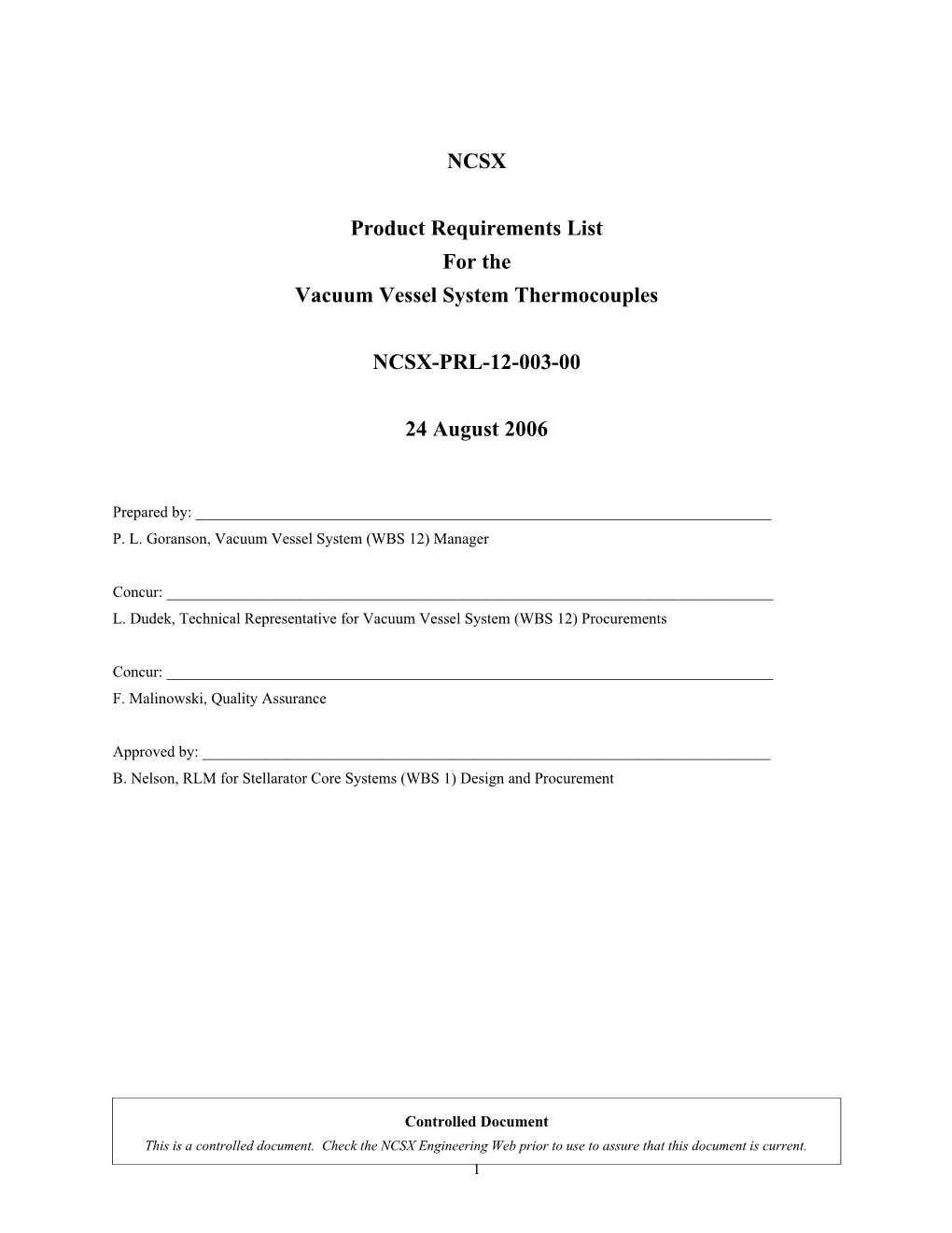 NCSX-PRL-12-003Vacuum Vessel System Thermocouples