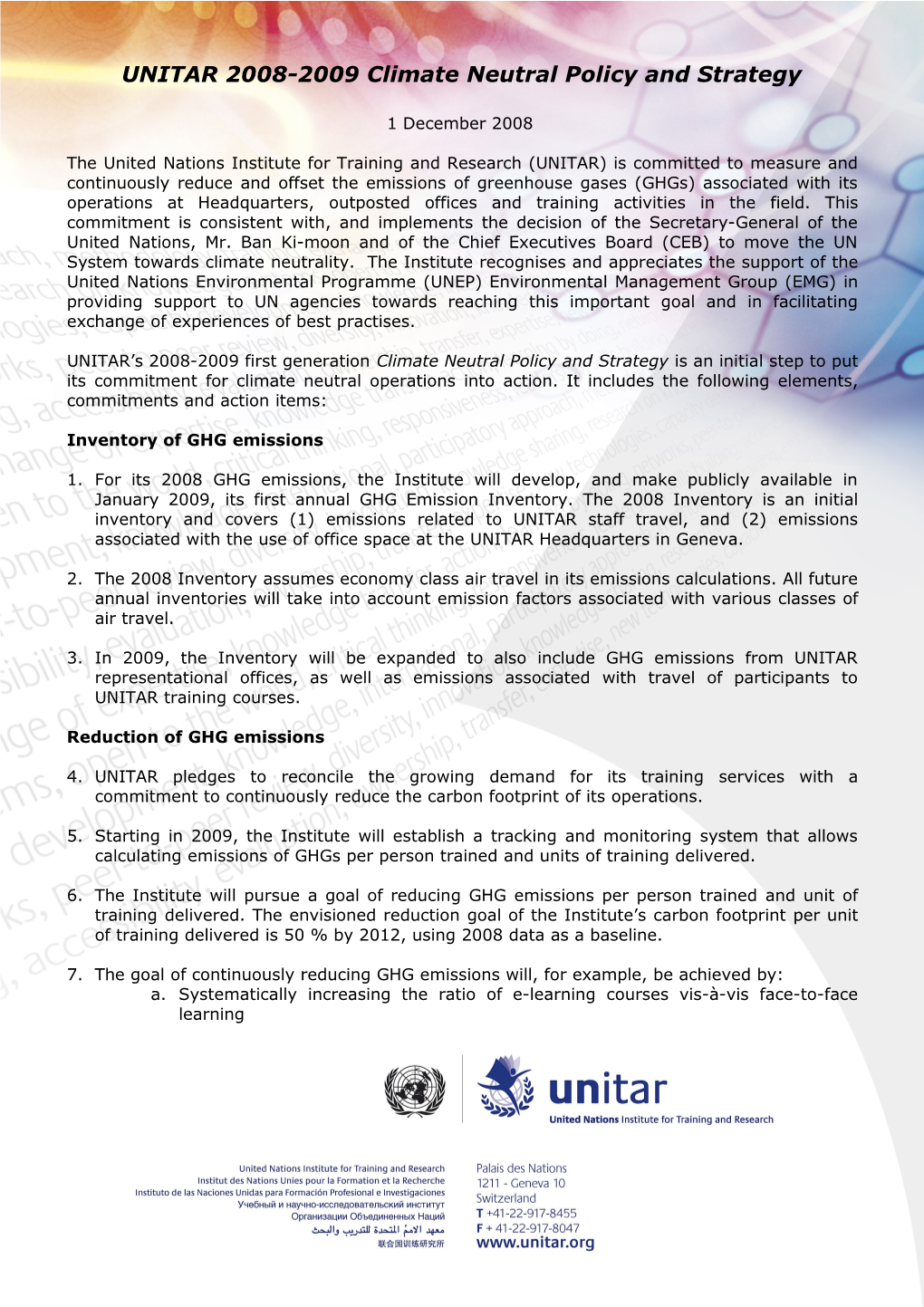 UNITAR 2008-2009 Climate Neutral Policy and Strategy