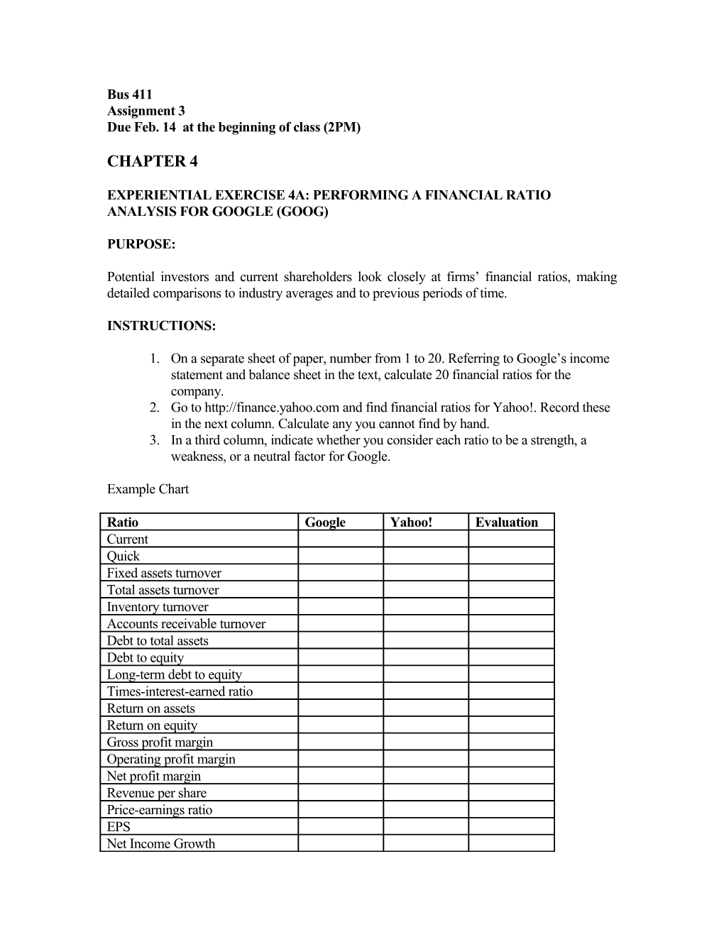 Experiential Exercise 4A: Performing a Financial Ratio Analysis for Google (Goog)