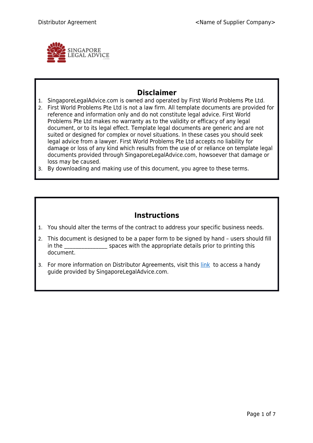 Distributor Agreement &lt;Name of Supplier Company&gt;