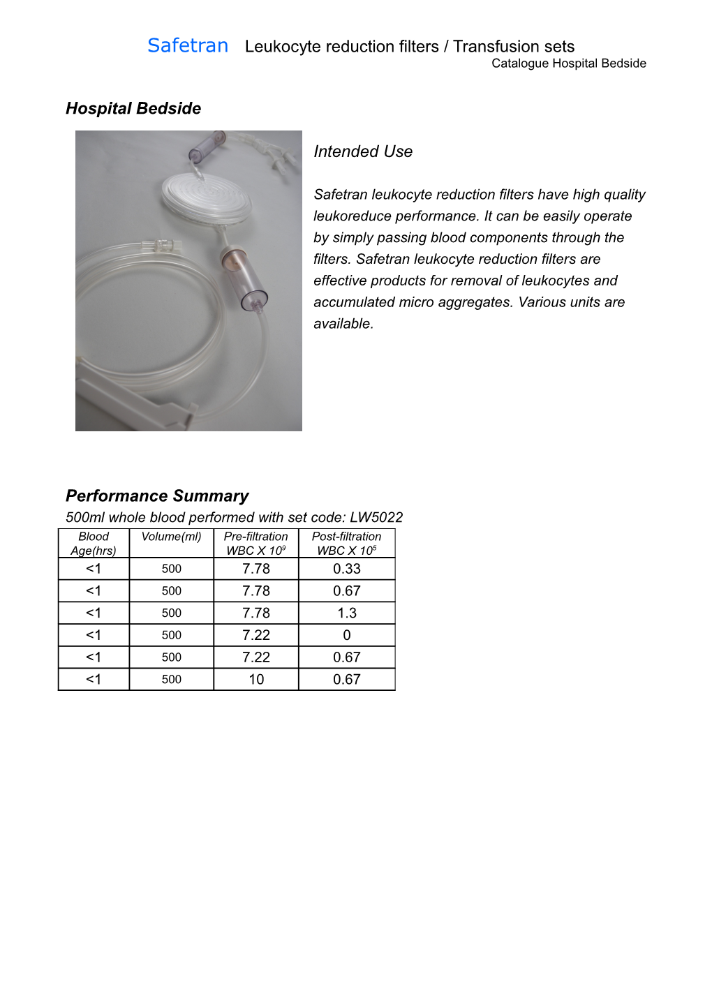 Safetran Leukocyte Reduction Filters / Transfusion Sets