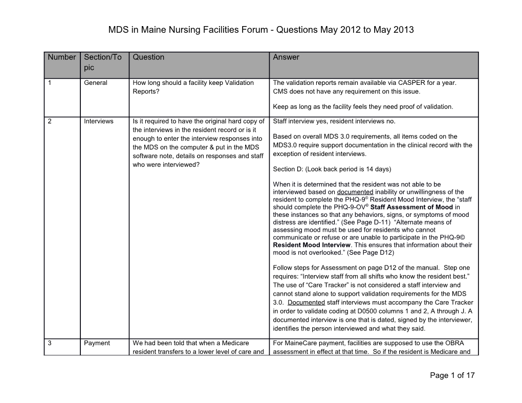 MDS in Maine Nursing Facilities Forum - Questions May 2012 to May 2013