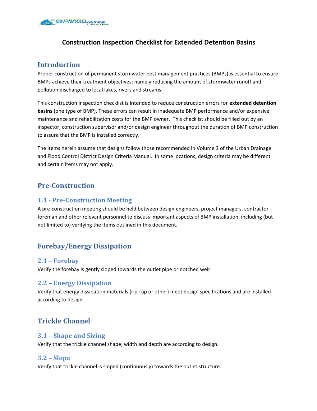 Construction Inspection Checklist for Extended Detention Basins