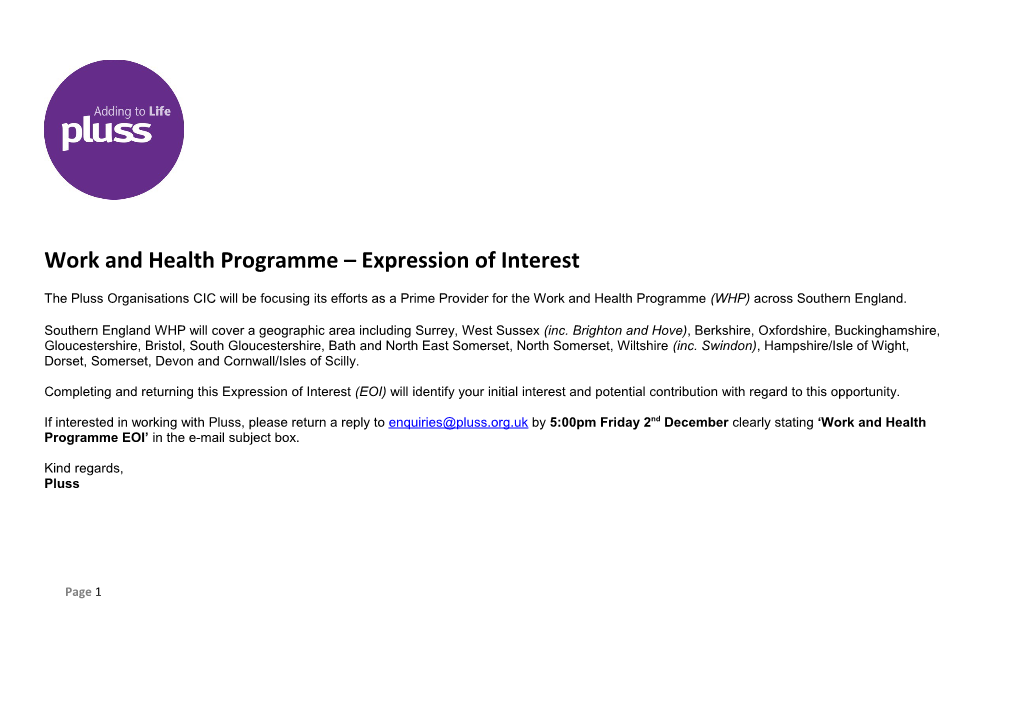 Work and Health Programme Expression of Interest