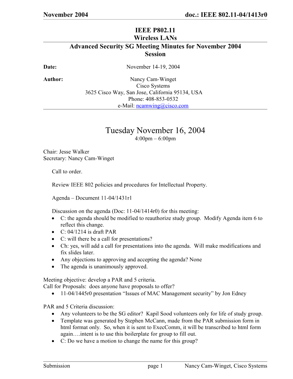 Advanced Security SG Meeting Minutes for November 2004 Session
