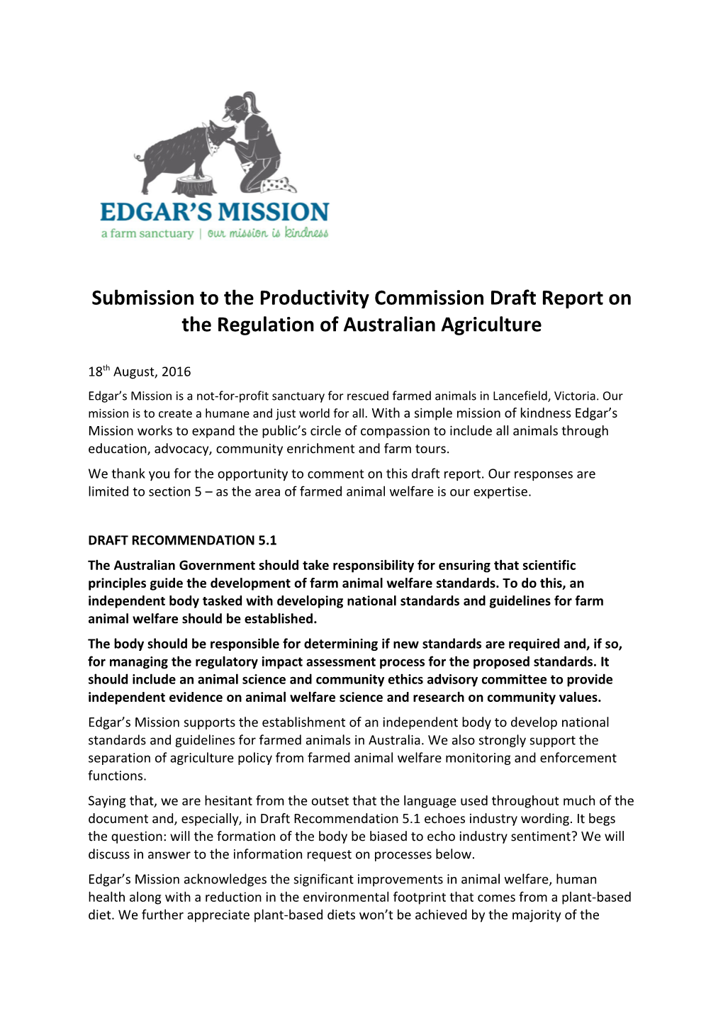 Submission DR145 - Edgar S Mission - Regulation of Agriculture - Public Inquiry