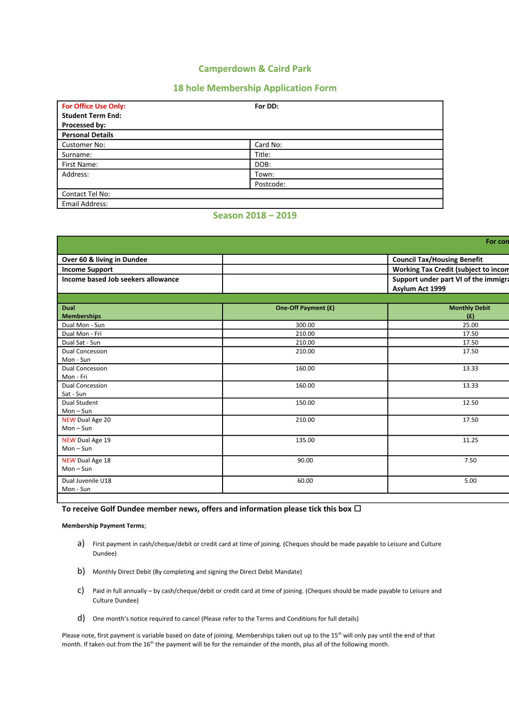 18 Hole Membership Application Form