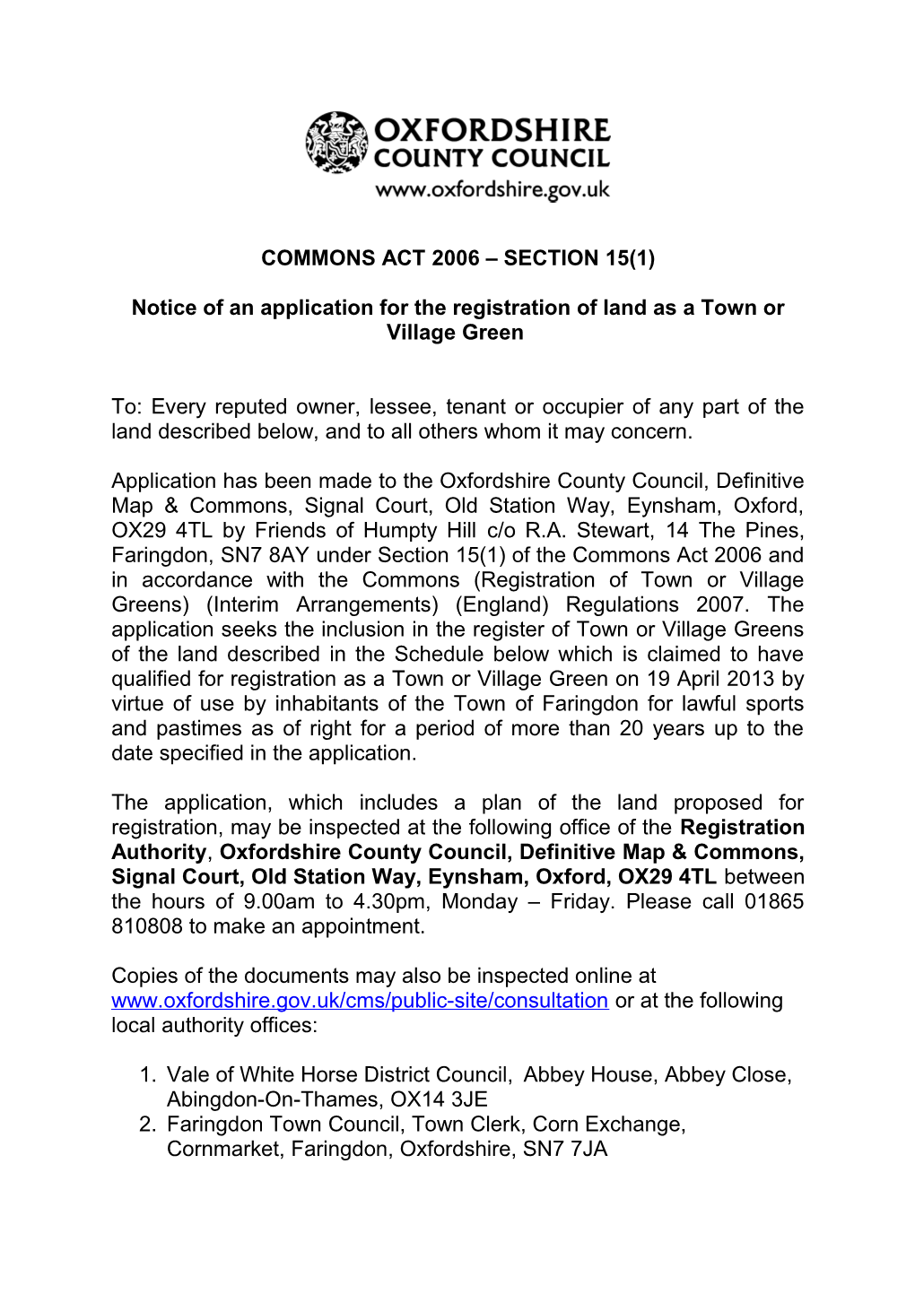 Notice of an Application for the Registration of Land As a Town Or Village Green