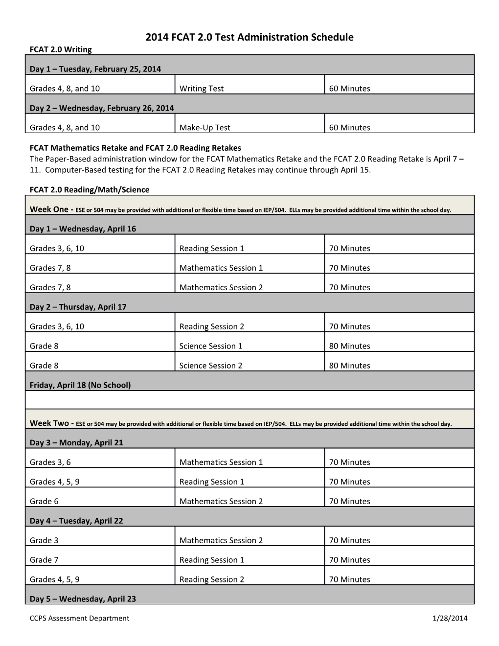2014 FCAT 2.0 Test Administration Schedule