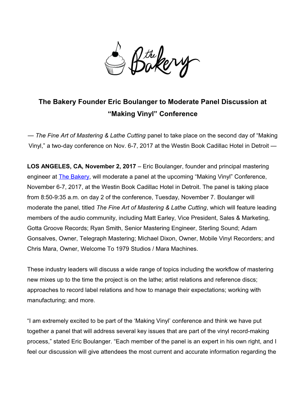 The Bakery Founder Eric Boulanger to Moderate Panel Discussion at Making Vinyl Conference