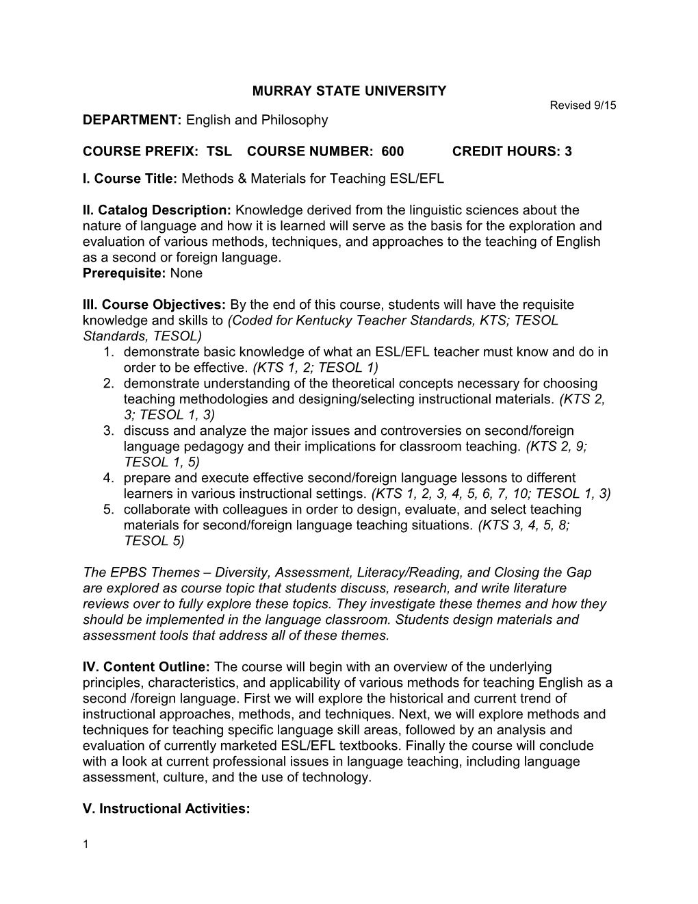 TSL 530- 02: Methods & Materials for Teaching ESL