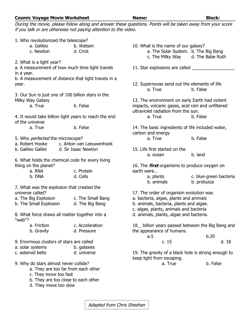 Cosmic Voyage Movie Worksheet