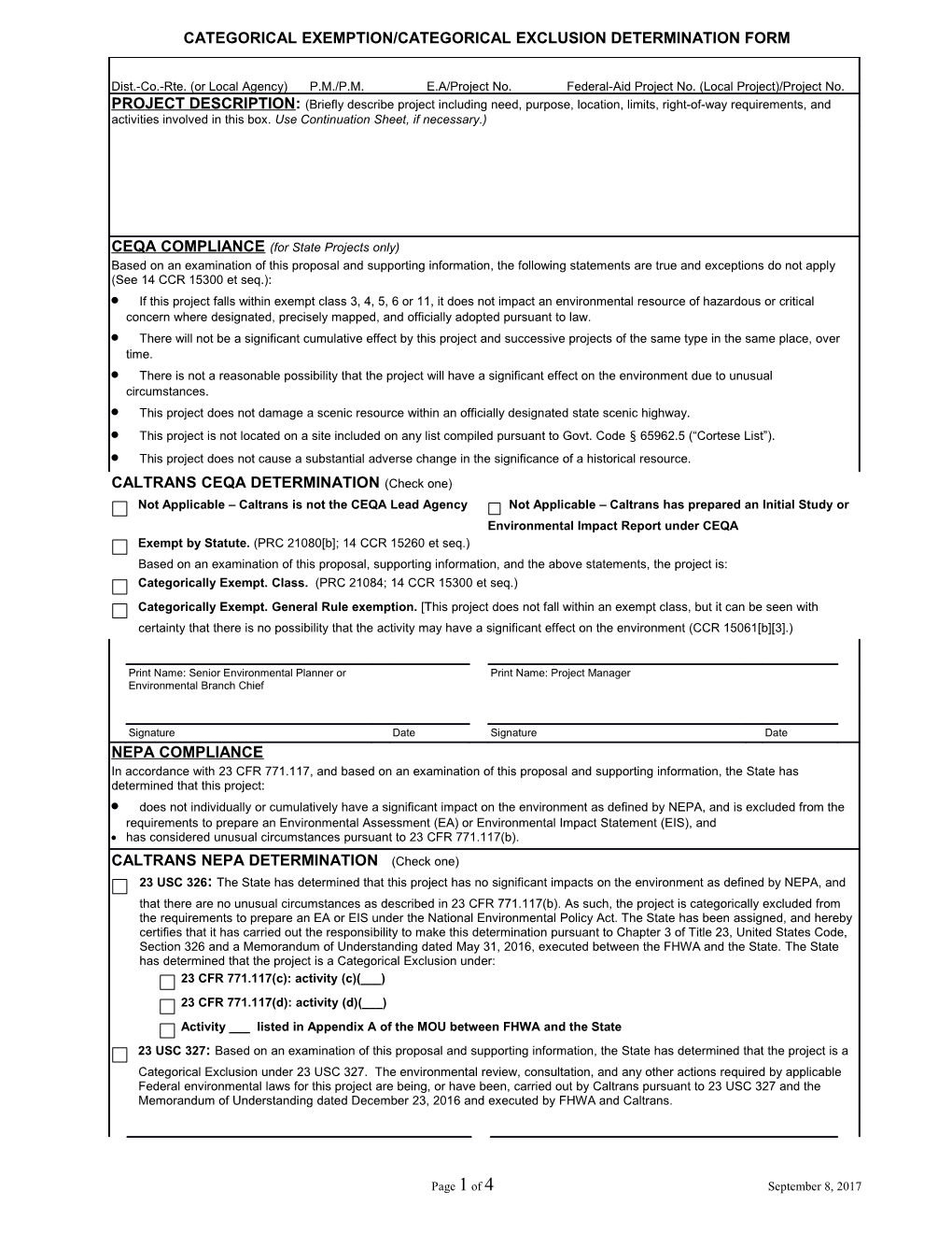 Proposed Categorical Exemption/Exclusion and Programmatic Categorical Exclusion Form