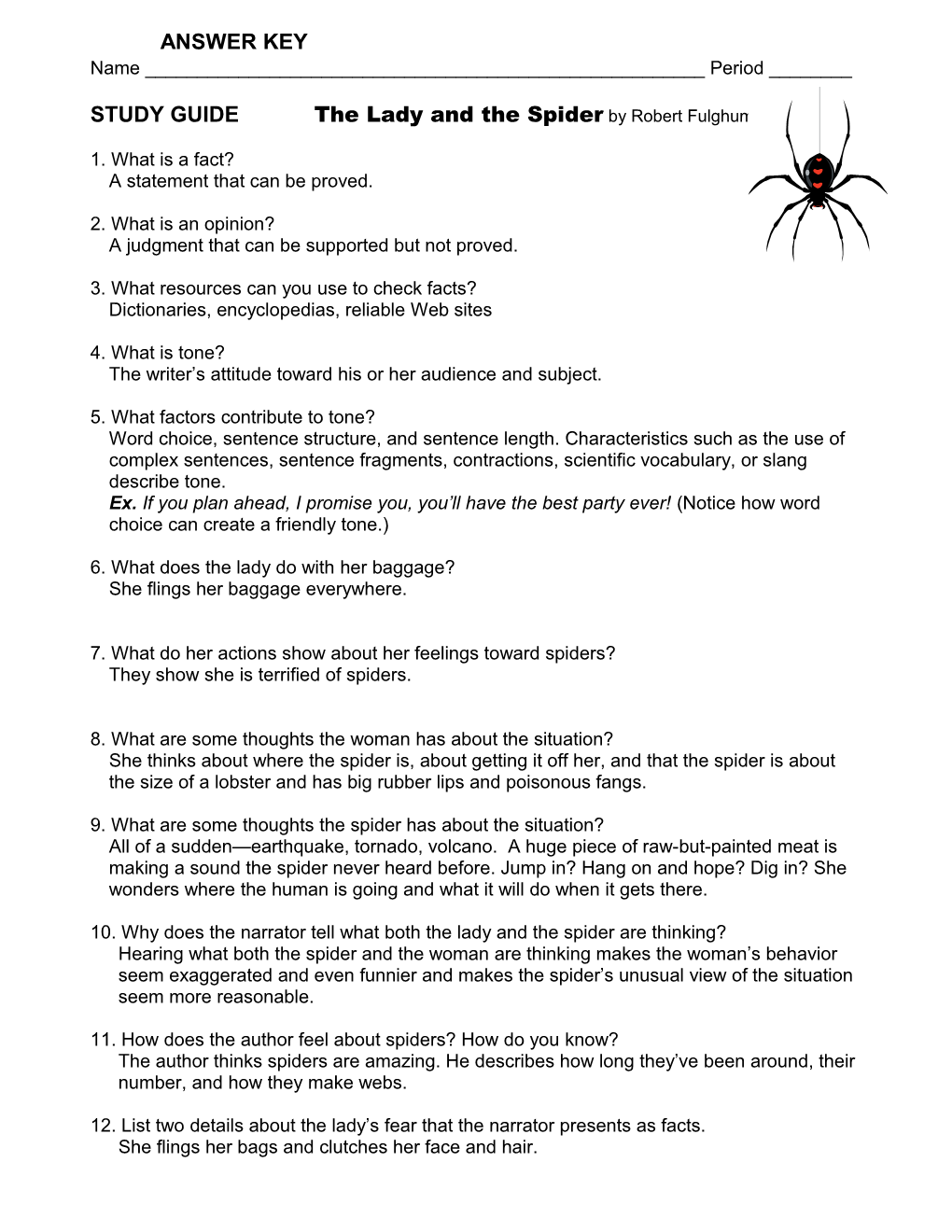 STUDY GUIDE the Lady and the Spider by Robert Fulghum
