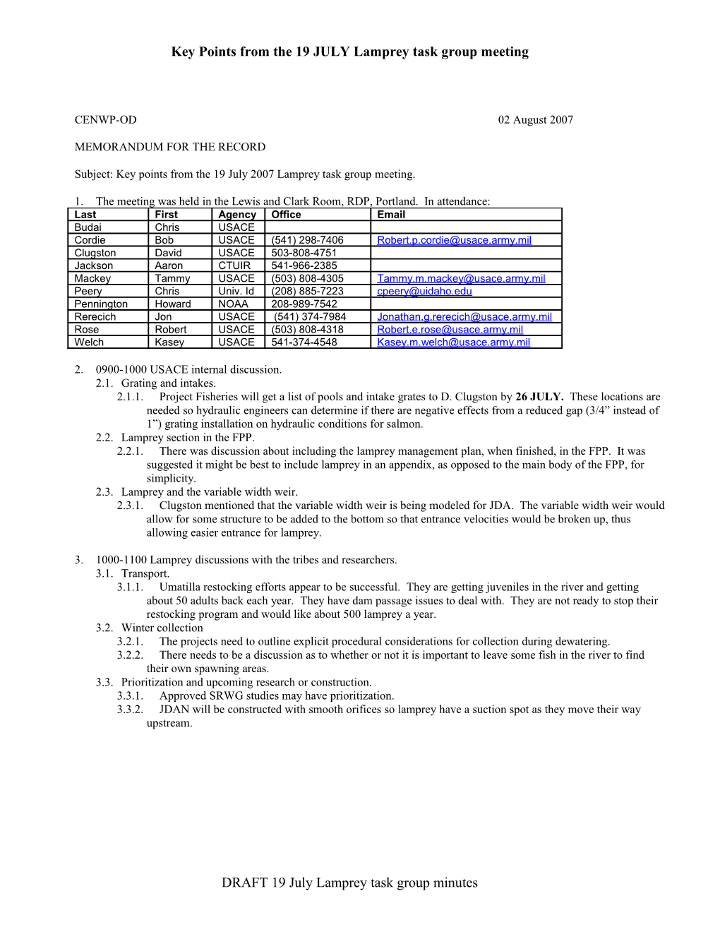 Key Points from the 19 JULY Lamprey Task Group Meeting