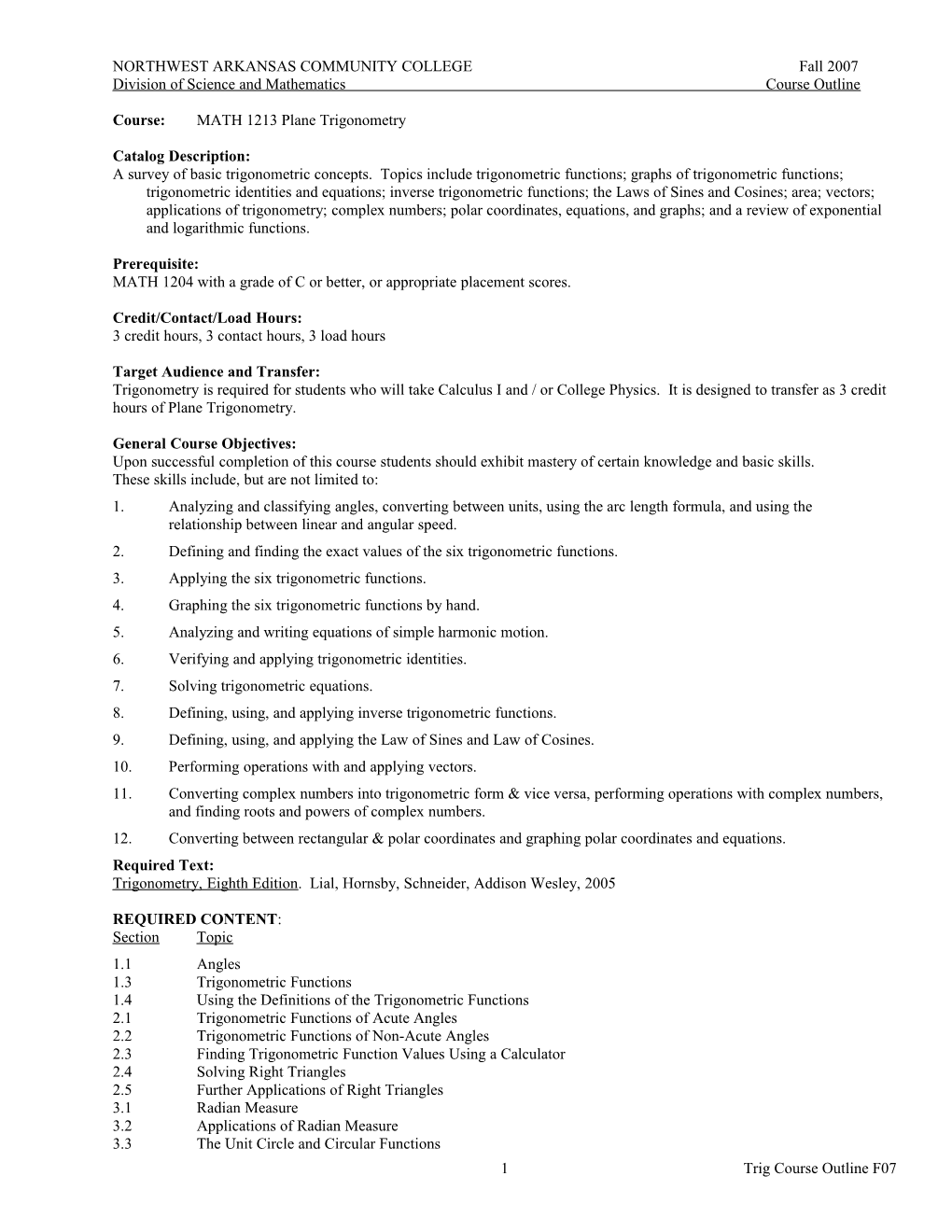 Trig Course Outline F07