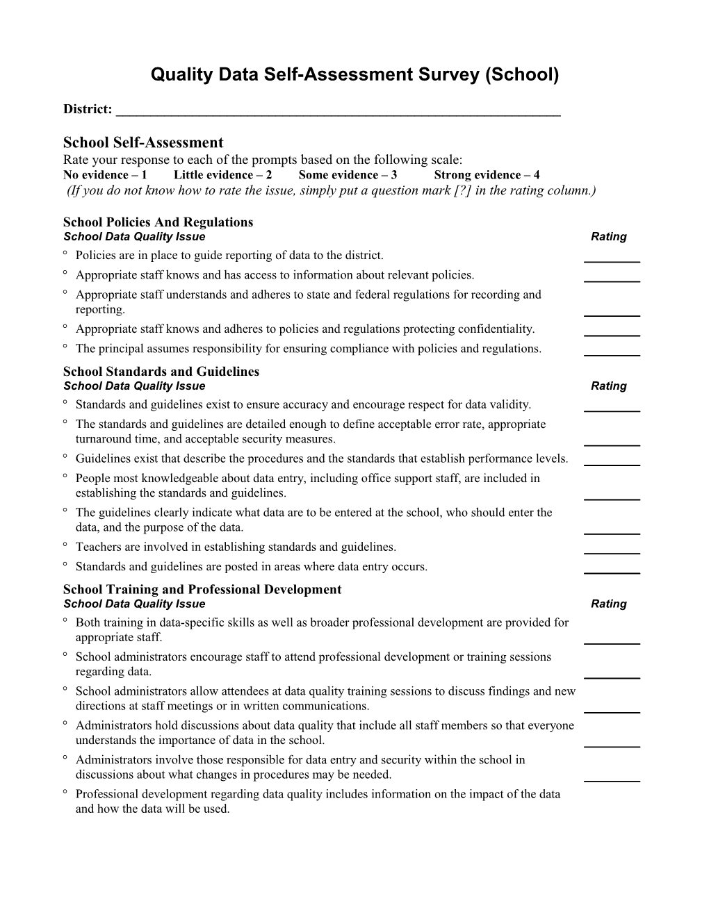 Quality Data Self-Assessment Survey (School)