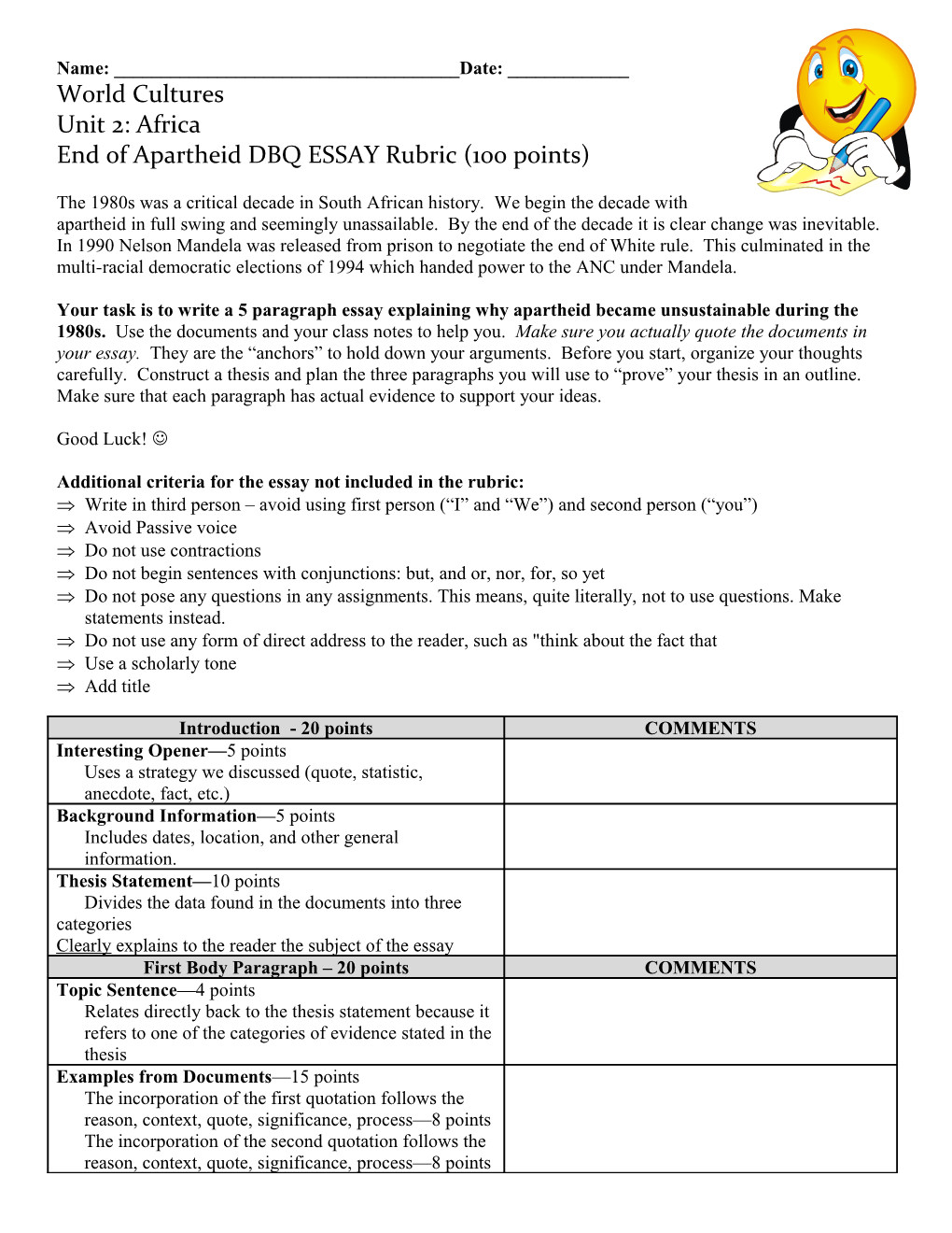 End of Apartheid DBQ ESSAY Rubric (100 Points)