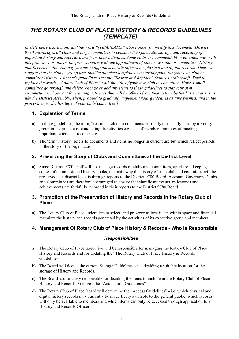 The Rotary Club of Place History & Records Guidelines