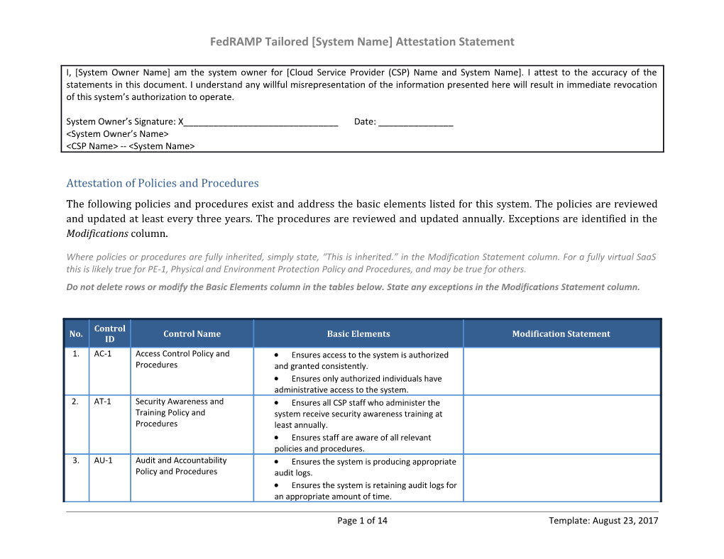 Fedramp Tailored System Name Attestation Statement