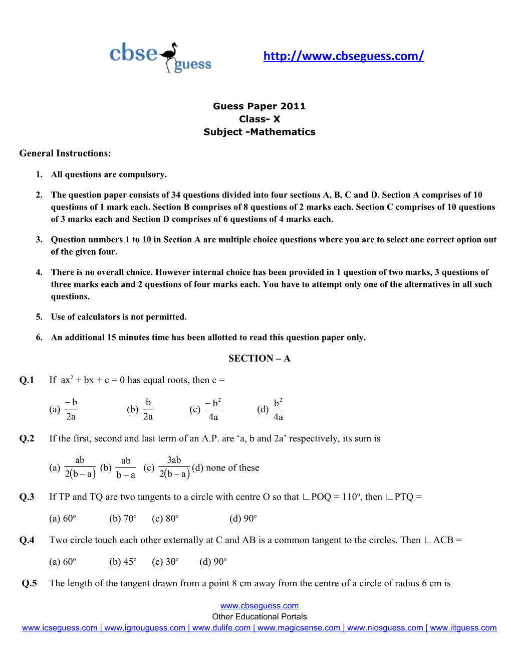 Guess Paper 2011 Class- X Subject -Mathematics