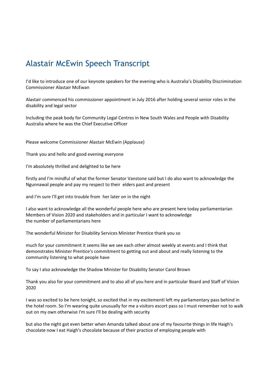 Alastair Mcewin Speech Transcript