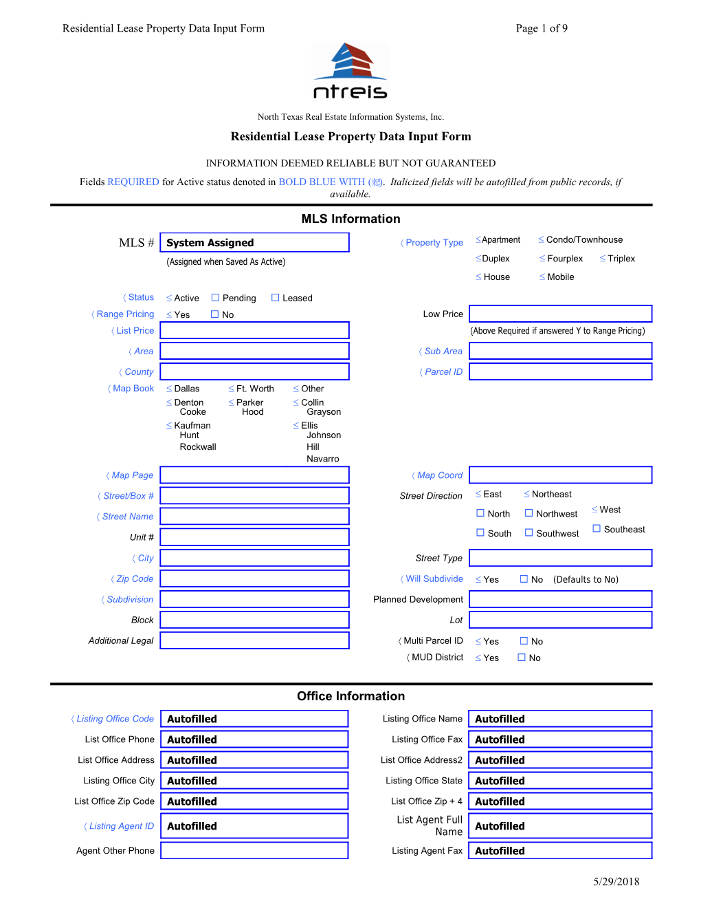 Residential Lease Property Data Input Form Page 1 of 8