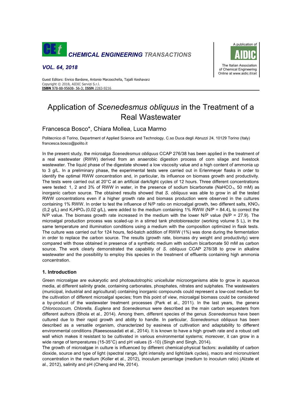 Application of Scenedesmus Obliquus in the Treatment of a Real Wastewater