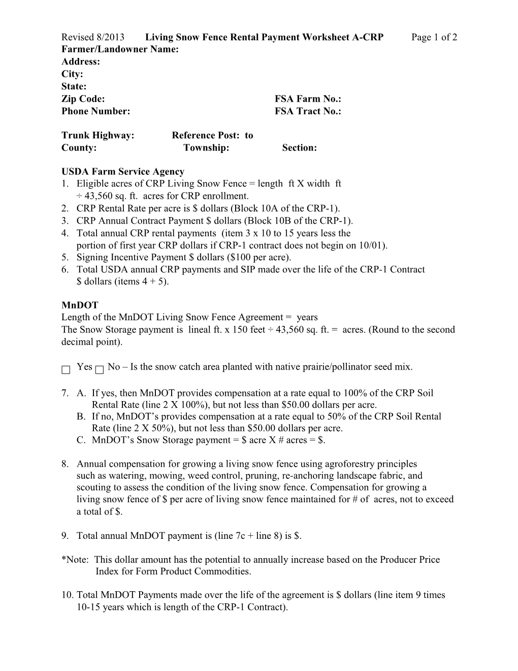 Revised 8/2013 Living Snow Fence Rental Payment Worksheet A-CRP Page 1 of 2