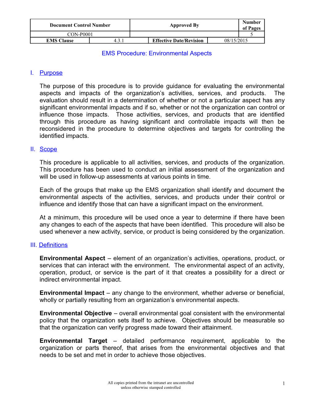 EMS Procedure: Environmental Aspect and Impact Evaluation