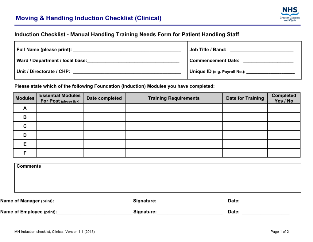 Induction Checklist - Manual Handling Training Needs Form for Patient Handling Staff