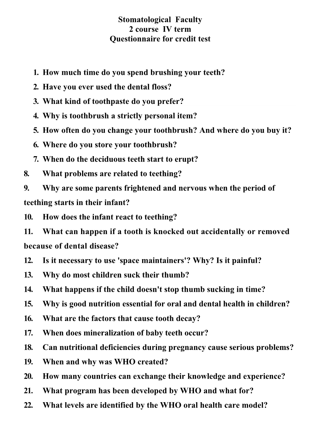 Questionnaire for Credit Test