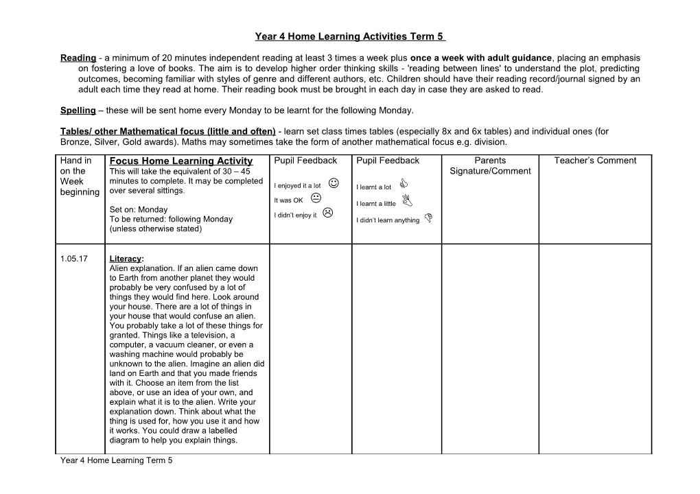 Year 4 Home Learning Activities Term 5