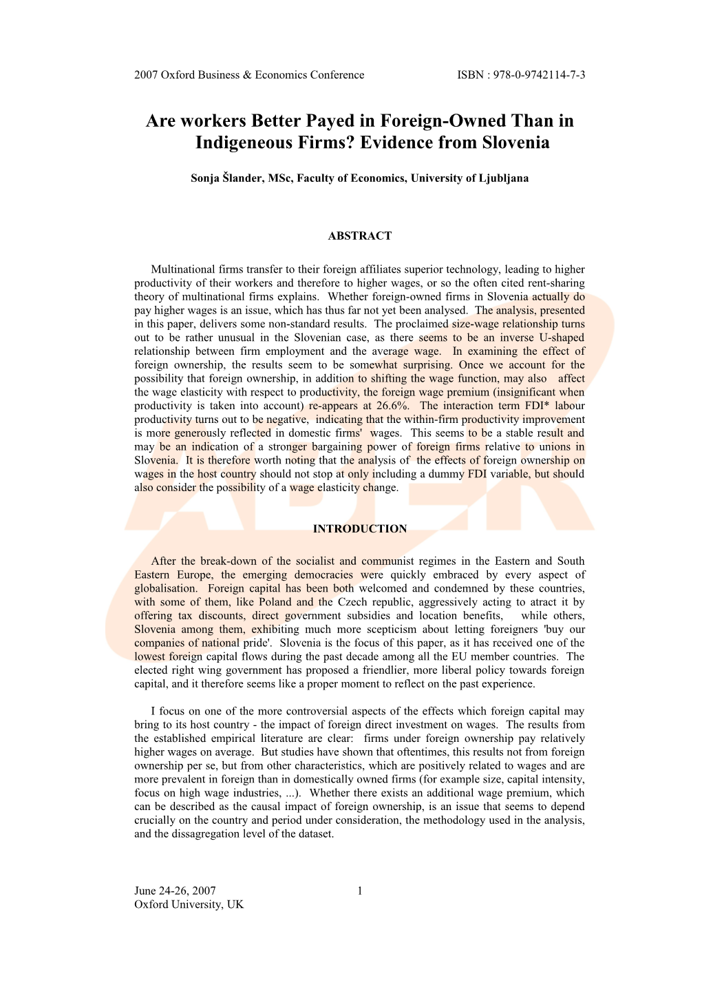 Are Workers Better Payed in Foreign-Owned Than in Indigeneous Firms? Evidence from Slovenia