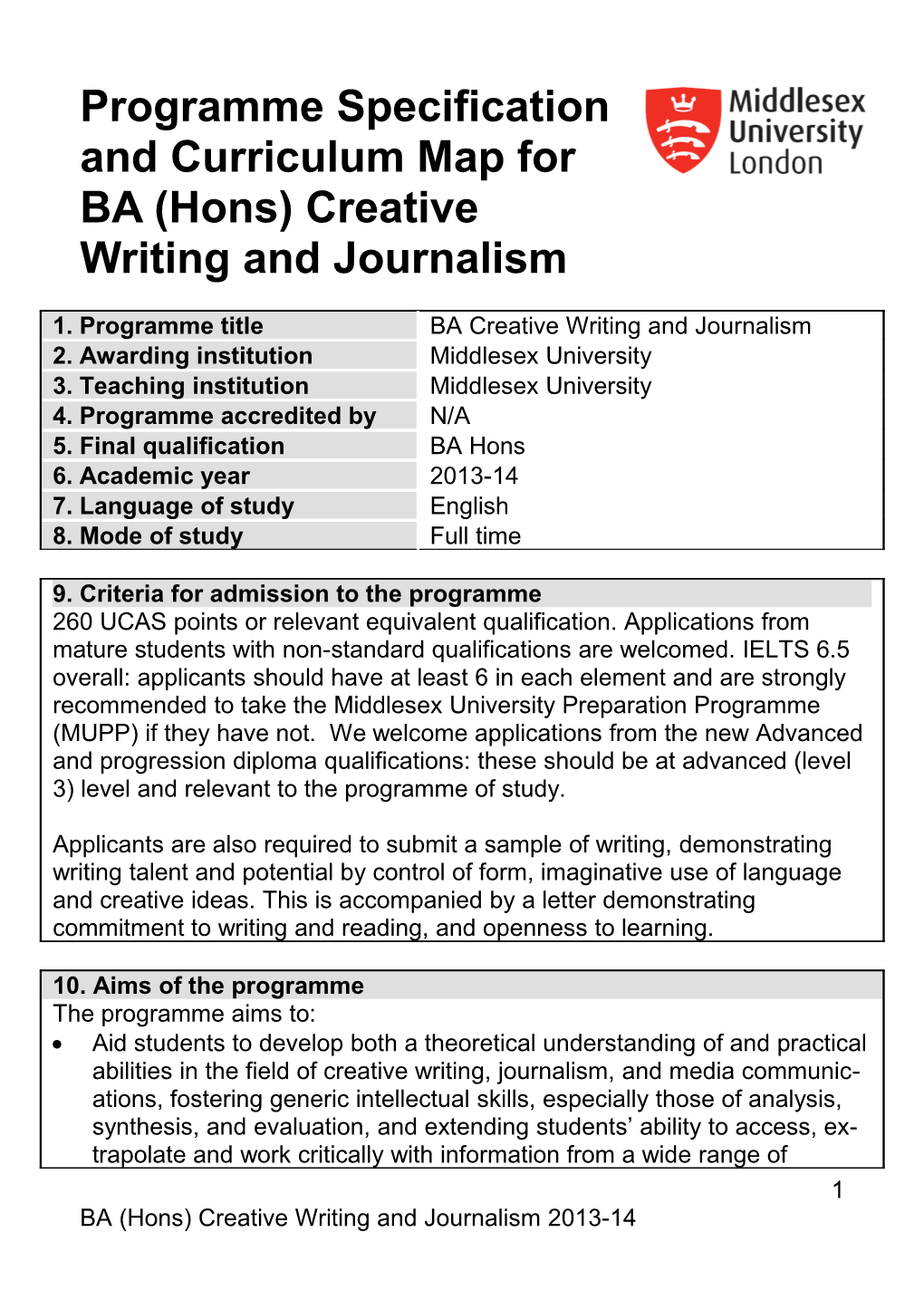 BA (Hons) Creative Writing and Journalism 2013-14