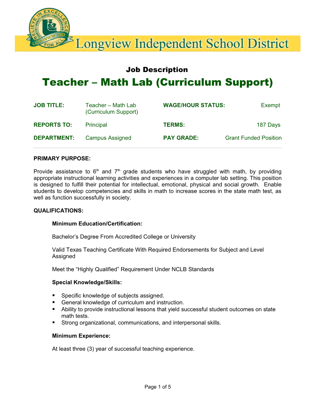 JOB TITLE: Reasoning Minds Math Teacher